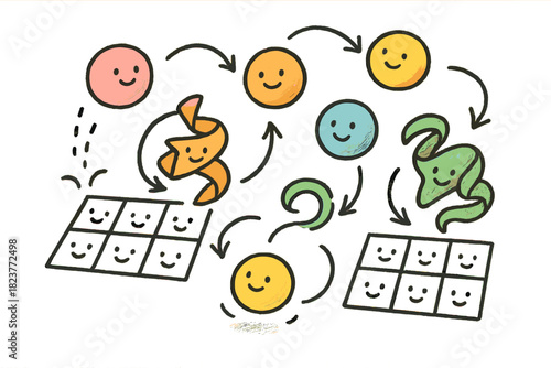 Playful Molecular Simulation. Adorable doodle molecular simulation with happy grids, bouncing cartoon spheres, proteins folding