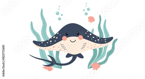 Charming cartoon illustration of a smiling manta ray swimming amongst seaweed and seashells in a whimsical underwater scene, perfect for children's designs.