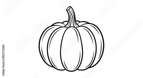 A detailed black and white line drawing of a classic pumpkin with a prominent stem, perfect for autumn or Halloween themed designs and illustrations.