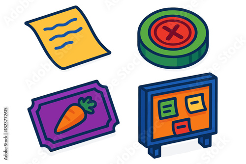 Emergency Token Collection. Isometric vector illustration set Emergency Exchange Tokens: Handwritten IOU slip, stamped ration chip