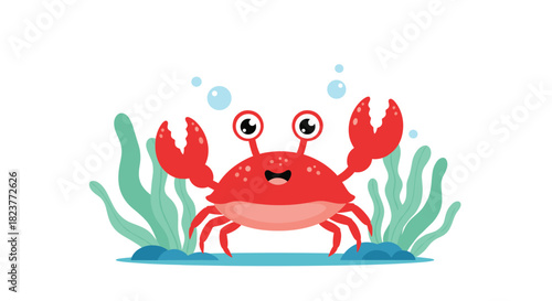 A cheerful cartoon crab peeks out from underwater greenery, with bubbles floating above its head, creating a playful and inviting ocean scene.