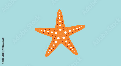 A vibrant orange starfish with white spots is centered against a light blue background, creating a cheerful and summery ocean-themed illustration.