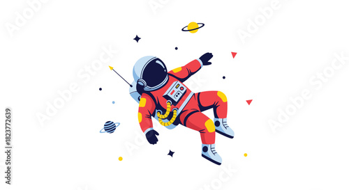 An astronaut floats in the vastness of space surrounded by planets and stars, depicting a sense of wonder and the exploration of the cosmos.
