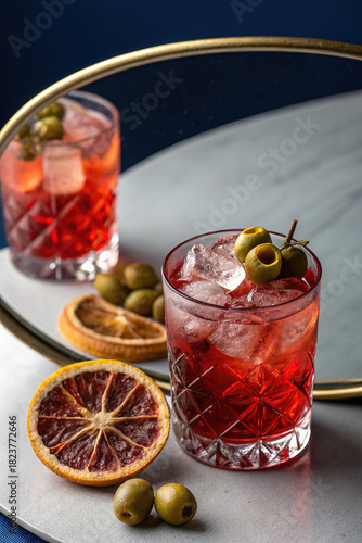 High-quality still life photograph of a cocktail glass filled with red liquid and ice cubes, garnished with green olives and a slice of dried citrus fruit.