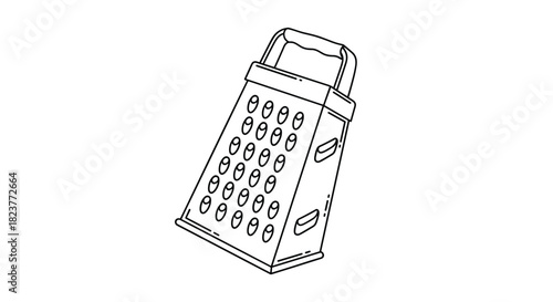 A detailed line drawing depicts a box grater with a handle, showcasing its multiple grating surfaces for culinary preparation and kitchen use.