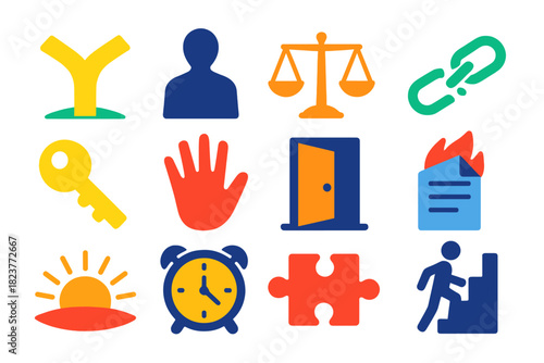 Moral Crossroads Icons. Flat vector icons of Moral Crossroads: forked path, shadowed figure, balance scale, broken chain, symbolic