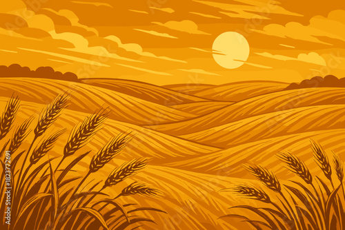 Golden Wheat Fields. Golden vector illustration hour shot of rolling wheat fields swaying in the breeze under a vibrant sky, rich