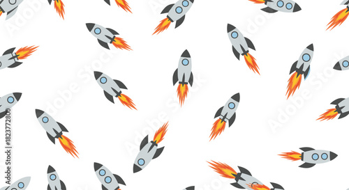 Seamless pattern featuring stylized gray rockets with bright orange flames against a clean white background, ideal for space-themed designs and children's products.