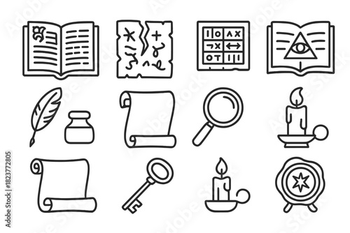 Cryptic Texts Icons. Line style icons of Cryptic Texts: Illuminated Manuscript, Torn Pages, Secret Code, Hidden Wisdom; Quill, Ink