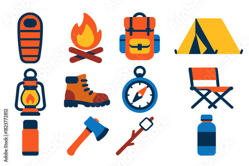 Camping Gear Icons. Flat vector icons of Camping Gear: sleeping bag, campfire, backpack, tent, lantern, hiking boots, compass,