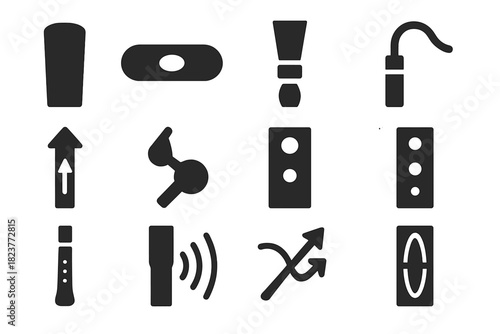 Woodwind Acoustics Icons. Solid style icons of woodwind acoustics: clarinet reed, flute mouth hole, oboe double reed, bassoon