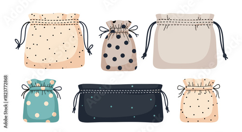 Collection of colorful drawstring pouches in various patterns and sizes, ideal for gifts, favors, or small item storage, presented on a white background.
