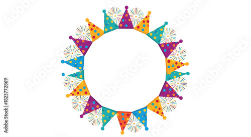 Festive circular frame composed of colorful party hats and firework bursts creates a celebratory border perfect for invitations or announcements.
