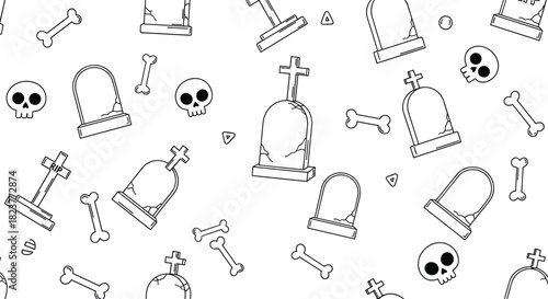 Seamless pattern featuring spooky Halloween elements like tombstones, skulls, and bones on a white background, perfect for festive designs.