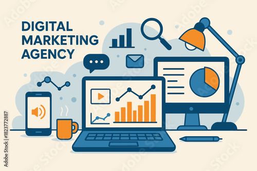Digital Marketing Workspace. Vector flat design banner for digital marketing agency, featuring devices, charts, and minimalist