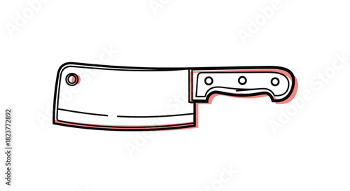 A cartoon illustration of a cleaver with a red outline, depicting a kitchen tool commonly used for chopping meat and vegetables, isolated on a white background.