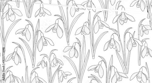 Delicate botanical illustration of snowdrop flowers and slender green leaves creating a seamless repeating pattern for spring designs and backgrounds.