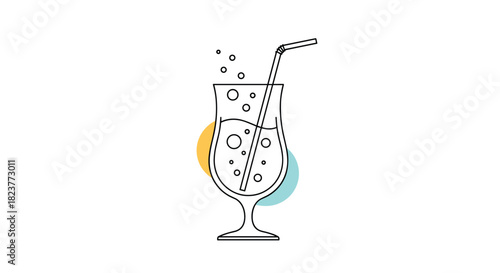 A minimalist line art illustration depicts a refreshing cocktail in a stemmed glass with a straw, accented by bubbly details and colorful shapes.