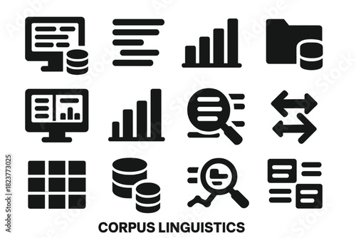Corpus Linguistics Icons. Solid style icons of corpus linguistics: computer with text database, concordance lines, word frequency