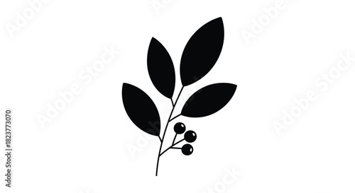 A simple black silhouette of a leafy branch with several rounded leaves and a small cluster of dark berries, isolated on a white background.