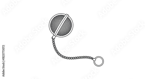 A detailed line drawing showcases a spherical tea infuser with a long chain and ring handle, ideal for brewing loose leaf tea or herbal infusions.