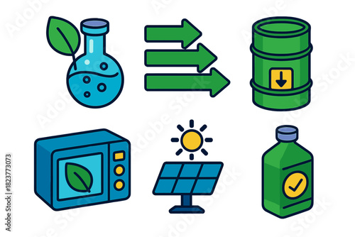 Green Chemistry Icons. Isometric vector illustration set Green Chemistry with Microwaves: leaf icon with flask, energy efficiency