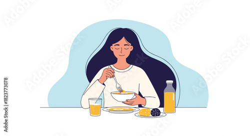 A young woman enjoys a healthy breakfast of cereal, fruit, and juice at a table, demonstrating mindful eating and a positive morning routine.