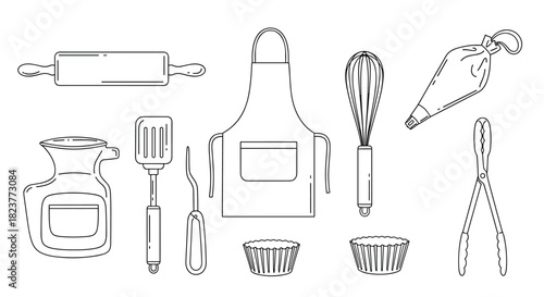 A collection of hand-drawn baking tools and kitchen utensils arranged on a white background, perfect for illustrating recipes or culinary themes.