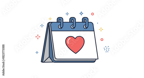 A charming calendar illustration displays a red heart on its page, symbolizing love, dates, and special occasions with a festive sparkle effect.