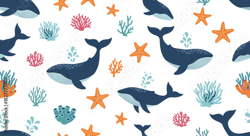 Seamless pattern featuring playful whales, colorful starfish, and vibrant coral reef elements on a clean white background, perfect for ocean-themed designs.