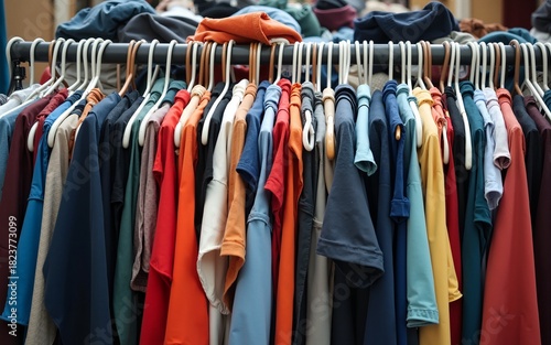 Wallpaper Mural Lots of clothes on hangers piled in a pile. Heap of used clothes. Second hand for recycling. High quality Torontodigital.ca