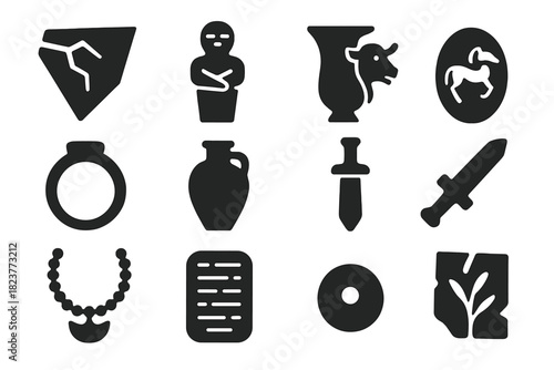 Archaeological Icons Collection. Solid style icons of Archaeological Finds: Shard, Figurine, Rhyton, Seal Stone, Ring, Coin, Jar,