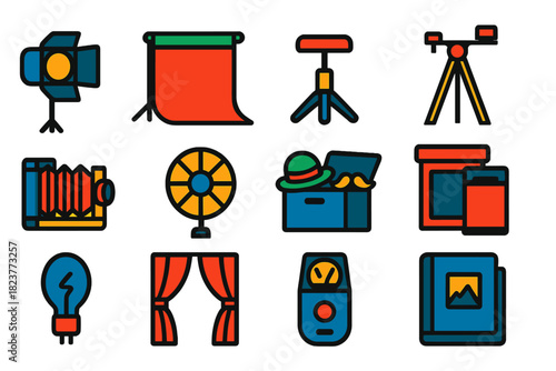 Vintage Photo Studio Icons. Flat vector icons of Vintage Photo Studio: studio light, backdrops, posing stool, wooden tripod,
