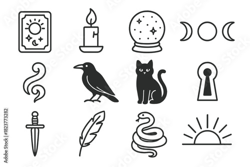 Noir Mysticism Icons. Line style icons of noir mysticism: tarot card, candle flame, crystal sphere, moon phases; smoke curl, raven