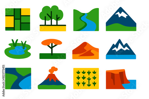 Vibrant Ecology Icons. Flat vector icons of landscape ecology: mosaic of fields, forest edge, river valley, mountain slope,