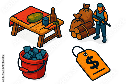 Vibrant Marketplace Icons. Isometric vector illustration set Collapse-Era Marketplace: Open barter table, guarded resource pile,