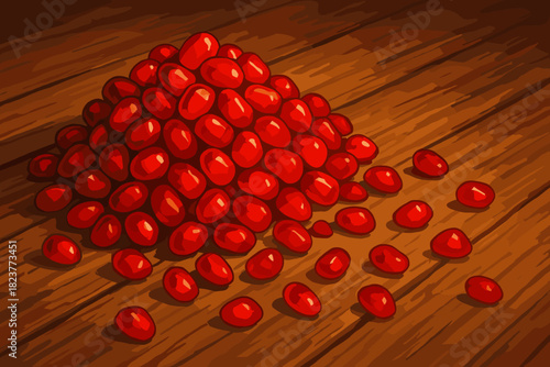 Pomegranate Seeds Overflow. Vibrant pomegranate seeds vector illustration spilling onto a rustic wooden table, illuminated by soft