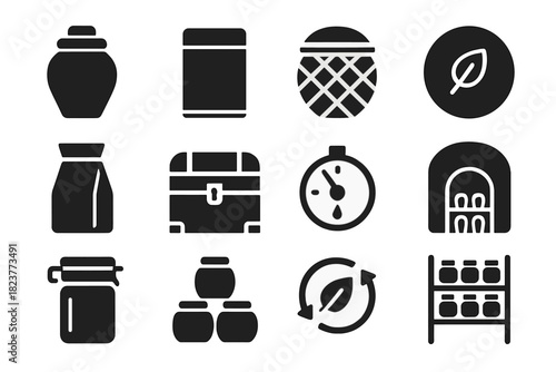 Tea Storage Icons. Solid style icons of tea storage: clay jar, sealed tin, bamboo basket, pu-erh cake, foil bag, wooden chest,