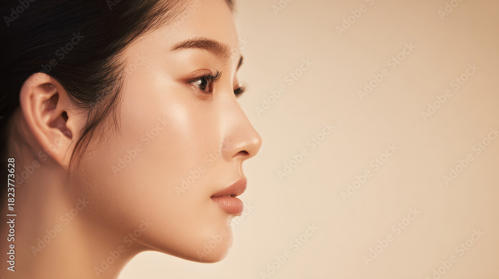 Fototapeta premium Glowing skin close up of young woman with natural makeup and smooth complexion looking sideways with calm expression