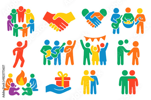 Social Bonding Icons. Flat vector icons of social bonding through ritual: group circle, handshake, linked hands, shared meal,