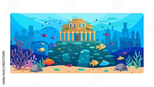 An enchanting underwater scene featuring a grand, ancient architectural structure resembling a sunken city, surrounded by vibrant coral reefs and schools of colorful fish. The structure showcases.