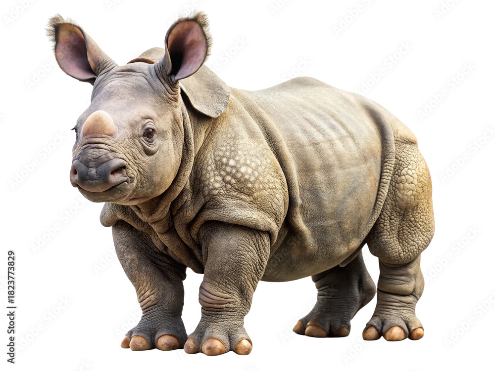 Obraz premium Cute baby rhinoceros calf standing isolated studio shot