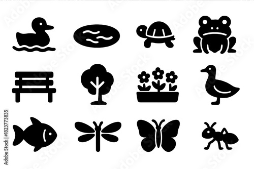 Park Life Icons. Solid style icons of Park Life: Duck, Pond, Turtle, Frog, Bench, Tree, Flower Bed, Goose, Fish, Dragonfly,