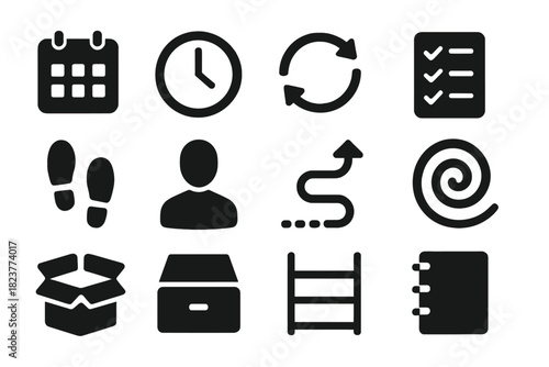 Behavioral Pattern Icons. Solid style icons of behavioral patterns and routines: calendar, clock, arrows, checklist, footsteps,