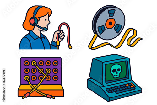 Vintage Telecom Hacking. Isometric vector illustration set Historical Telecommunications Hacking: Operator bypass cable, tone tape