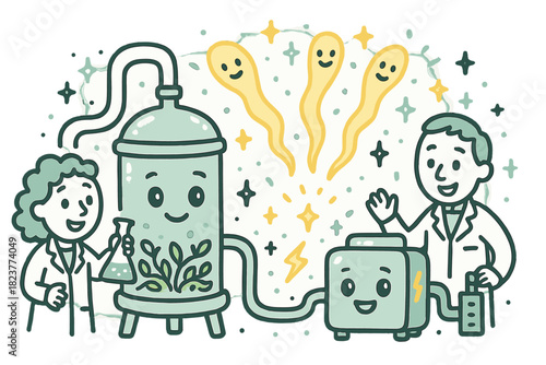 Whimsical Energy Lab. Magical doodle biomass-to-energy lab with smiling scientists, cartoon reactors with faces, cheerful energy