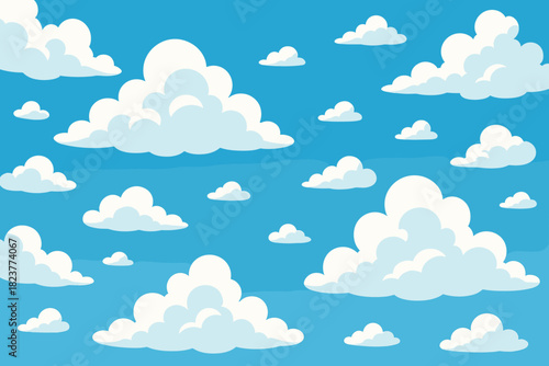 Serene Cloudy Sky. Expansive sky filled vector illustration with fluffy white clouds against a bright blue background, serene and