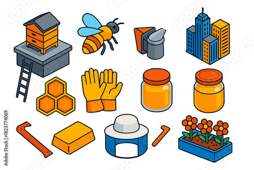 Urban Beekeeping Icons. Isometric vector illustration set Urban Beekeeping: beehive on rooftop, bee insect, metal smoker, city