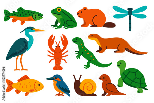 Freshwater Life Icons. Flat vector icons of freshwater life: trout, frog, beaver, dragonfly, heron, crayfish, newt, otter, carp,