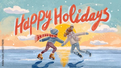 Joyful Winter Scene with Children Skating and Celebrating Holidays